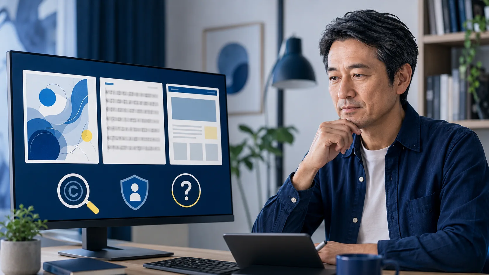 生成AIの著作権や個人情報などのリスクを確認する50代男性
