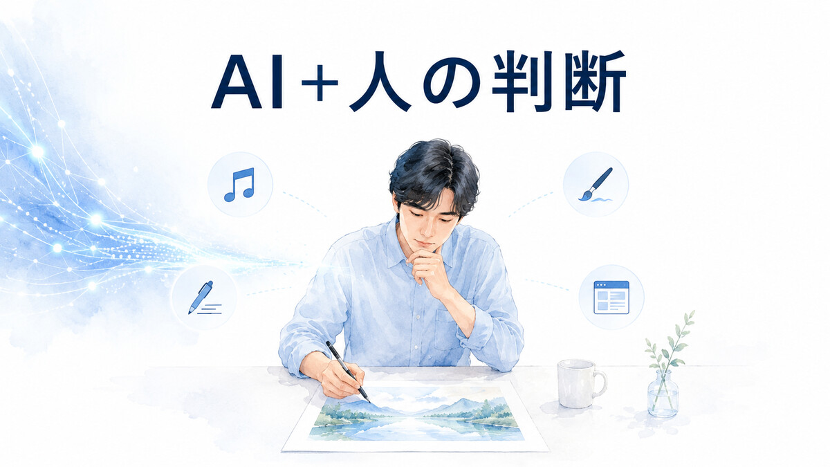 AIによる提案を人が判断して作品を仕上げるイメージ
