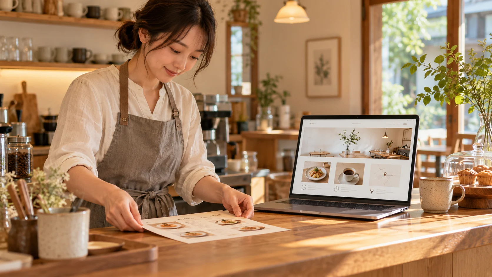 ホームページの案内を整える小さなカフェの店主