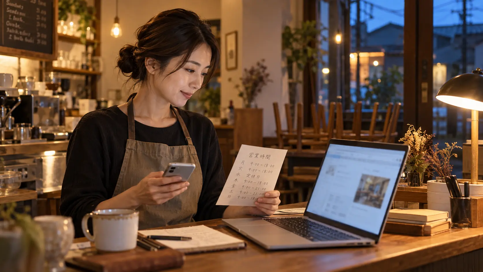 営業時間の案内を確認する店主