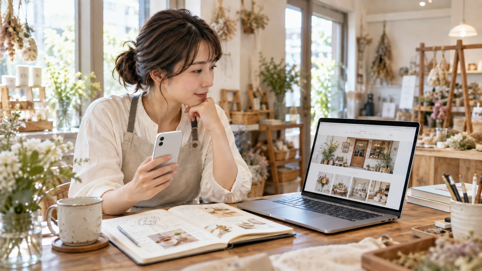 スマートフォンとパソコンでお店の案内を見比べる店主