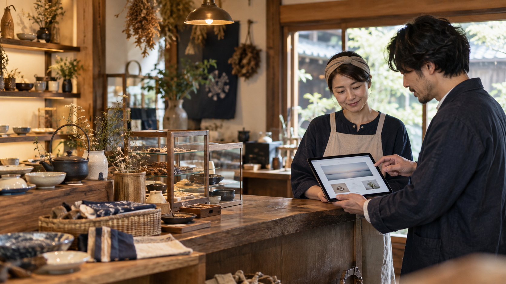 小さなお店でホームページを確認しながら相談する様子