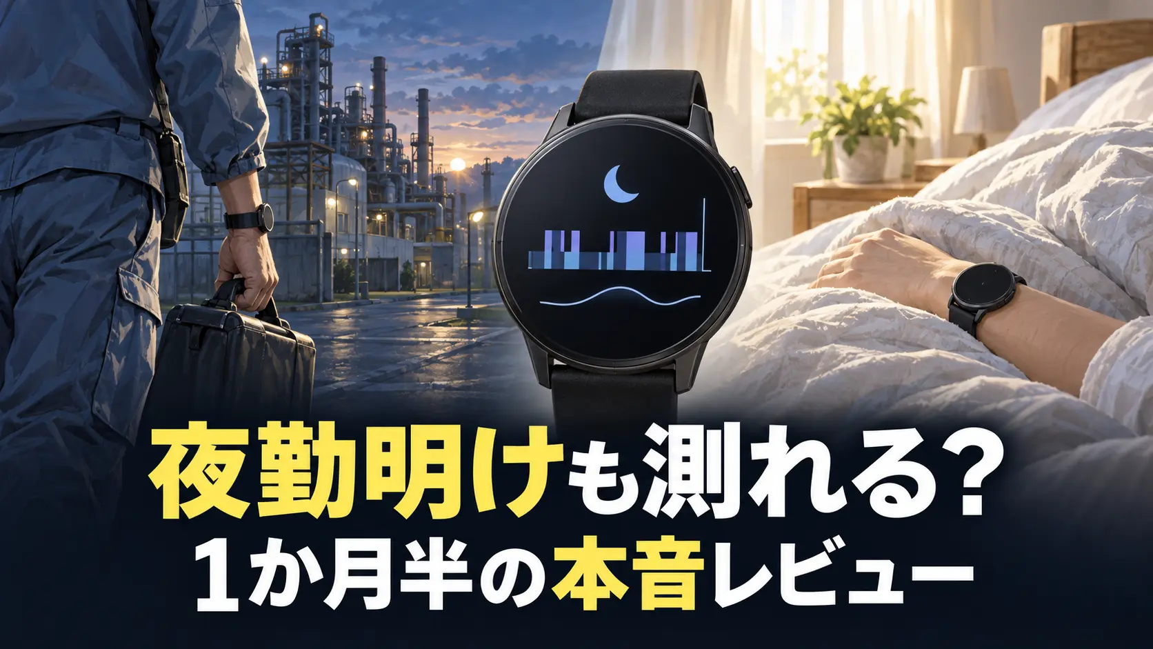 工場勤務と夜勤明けの睡眠を表したQS40レビューのイラスト