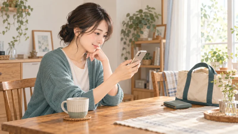 来店前にスマートフォンでお店の情報を確認する女性
