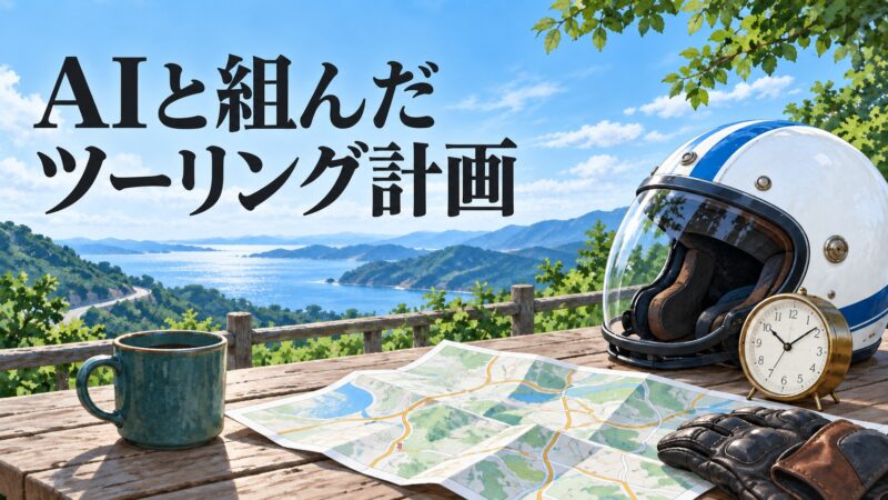 地図、ヘルメット、時計を描いたツーリング計画のイメージイラスト