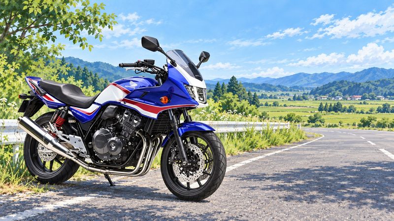 青・白・赤のCB400SBと道を描いたツーリングのイメージイラスト